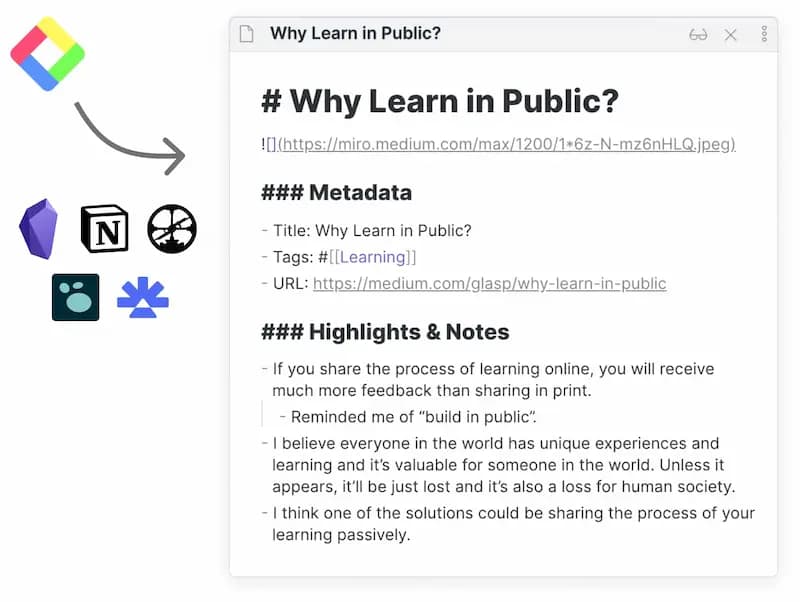 Exporting a Glasp PDF summary to Notion and Obsidian