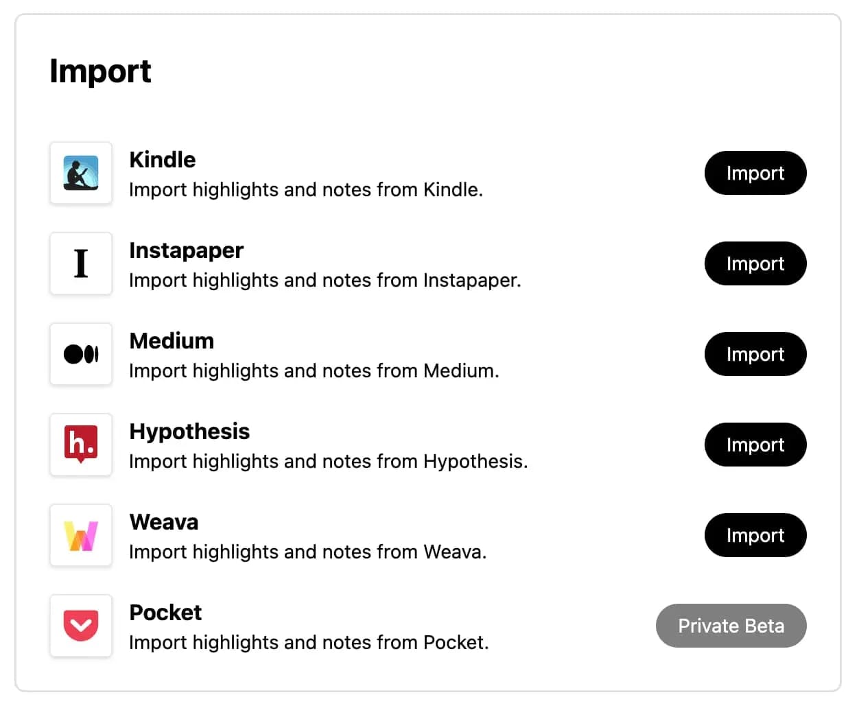 The Glasp import screen listing Kindle, Instapaper, Medium, Hypothesis, Weava and Pocket
