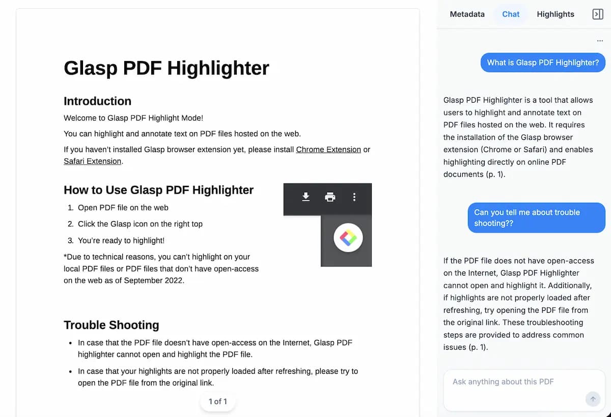 Chatting with a PDF in Glasp, with page citations