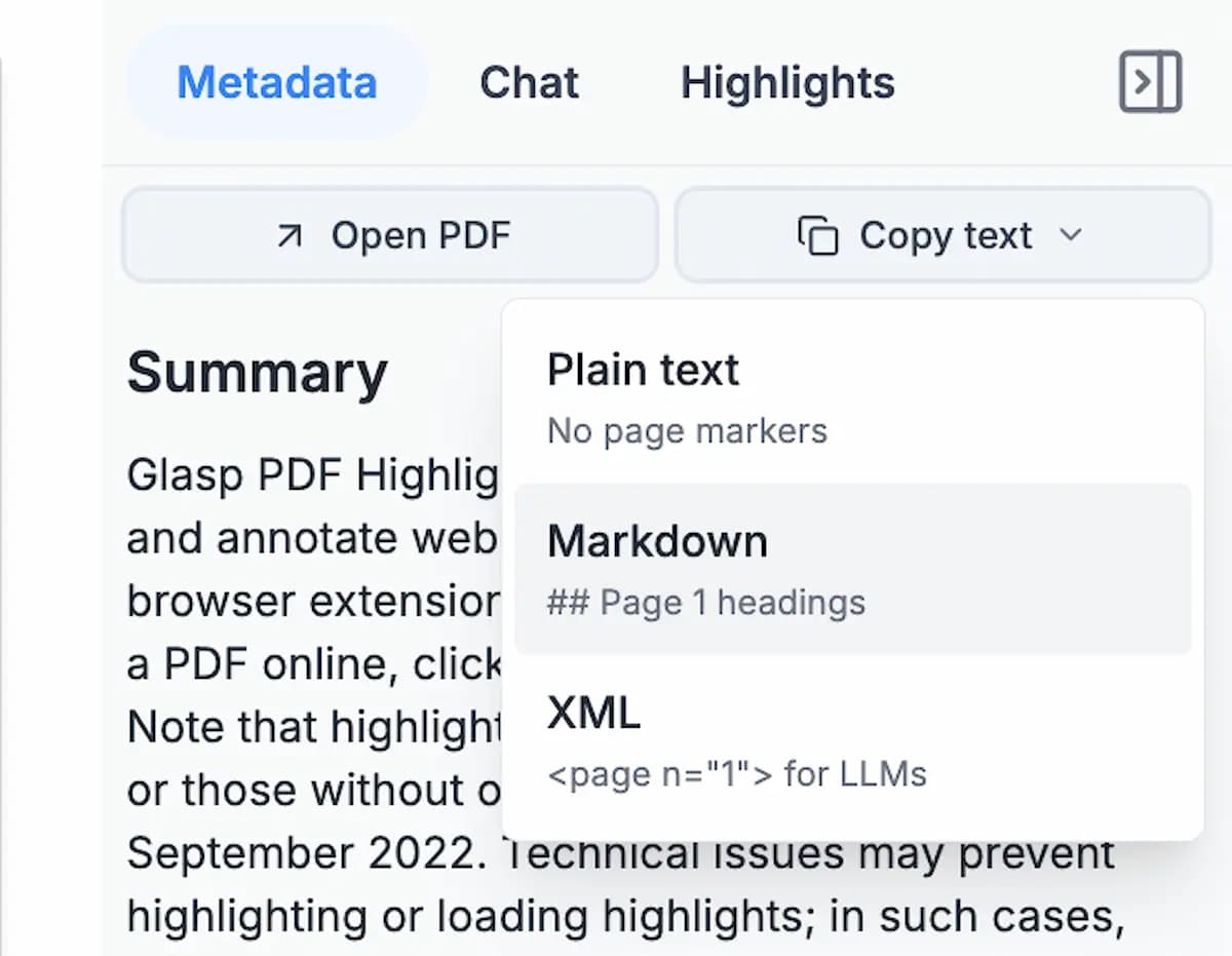 Copying selected PDF text as Markdown, XML or plain text in Glasp