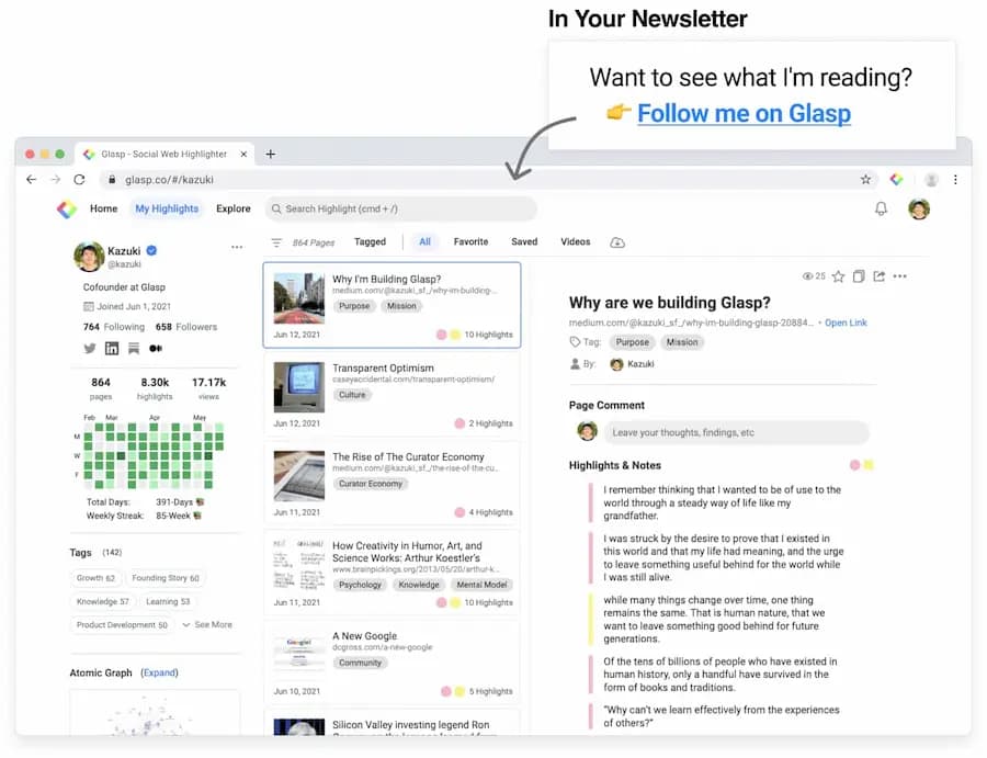 A Glasp profile with a knowledge graph