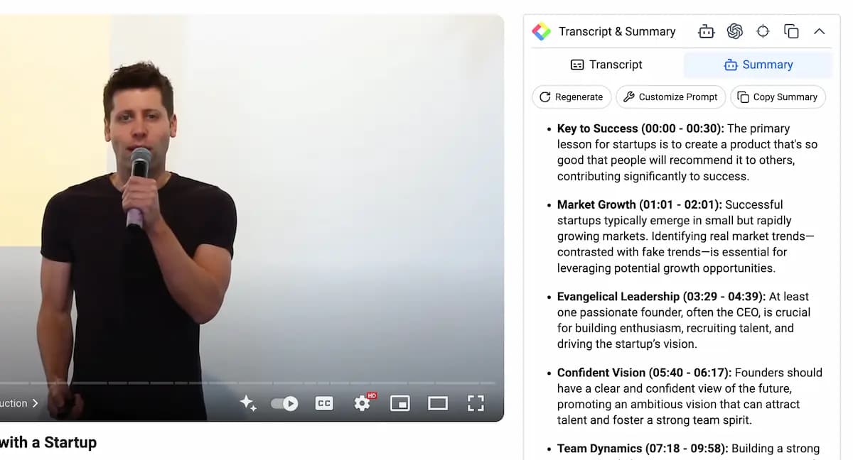 An AI summary and transcript of a YouTube video in Glasp
