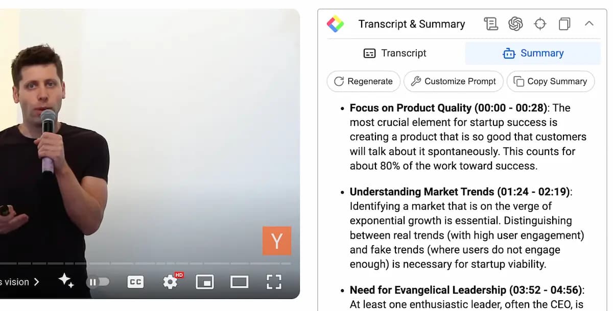 A timestamped summary shown beside a playing YouTube video