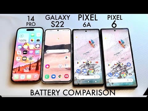 iPhone 14 Pro Vs Google Pixel 6 Vs Samsung Galaxy S22 Vs Google Pixel 6a Battery Life Comparison! thumbnail