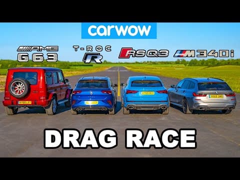 BMW M340i vs AMG G63 v Audi RSQ3 vs VW T-Roc R: DRAG RACE thumbnail
