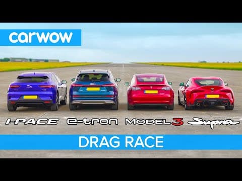 Tesla Model 3 vs I-Pace vs e-tron vs …SUPRA?! - Electric vs Petrol DRAG & ROLLING RACE & BRAKE TEST thumbnail