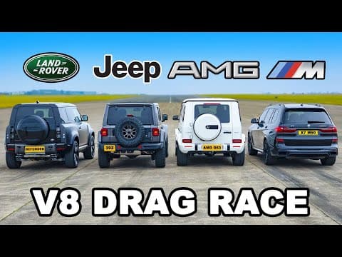 Defender V8 v Jeep 392 v AMG G63 v X7 M50: DRAG RACE thumbnail