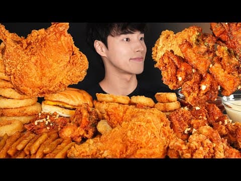 ASMR MUKBANG FRIED CHICKEN & CHEESEBURGER & FRENCH FRIES & ONION RINGS thumbnail