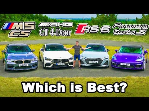 BMW M5 CS v AMG GT v Audi RS6 v Porsche Panamera: REVIEW & 0-60mph, 1/4 mile, brake & drift test! thumbnail