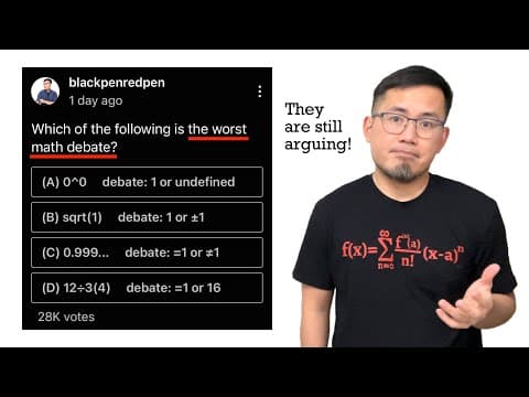 Which is the worst math debate: 0^0, sqrt(1), 0.999...=1, or 12/3(4)? thumbnail
