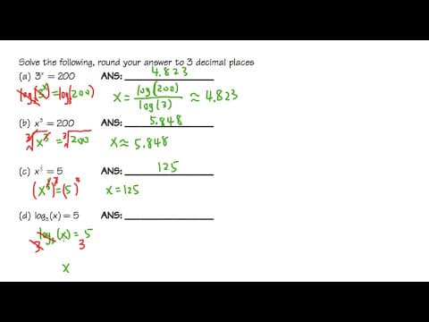 Solving 3^x=200, x^3=200, cube root of x = 5, and log base 3 of x = 5 thumbnail