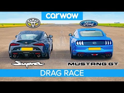 Toyota Supra v Ford Mustang V8 – DRAG RACE, ROLLING RACE & BRAKE TEST thumbnail