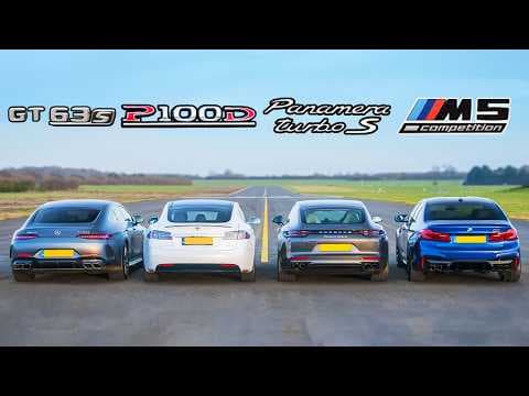 Tesla Model S v AMG GT 4 v BMW M5 v Porsche Panamera Turbo S - DRAG RACE, ROLLING RACE & BRAKE TEST thumbnail