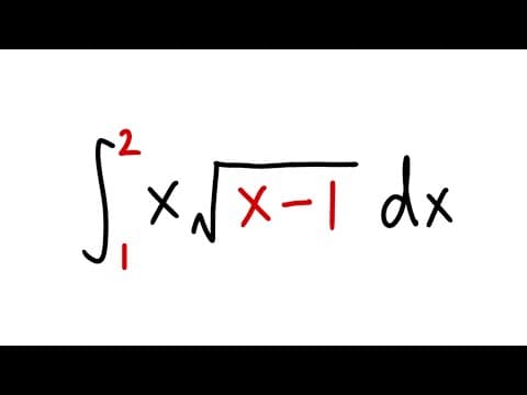 integral of x*sqrt(x-1) from 1 to 2, calculus 1 tutorial, basic u sub problem thumbnail