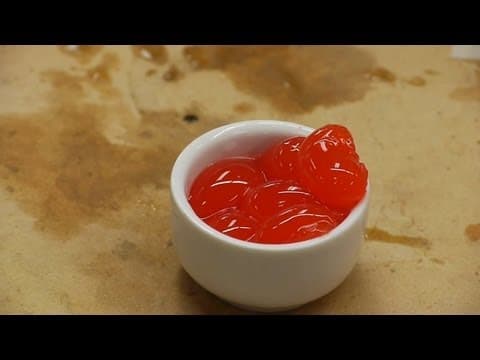 Molecular gastronomy (playing with food): "reverse" spherification maraschino cherries thumbnail