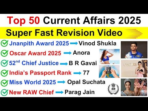 Last 6 Months Current Affairs 2025 | Current Affairs 2025 | Top 50 Important Current Affairs 2025 thumbnail