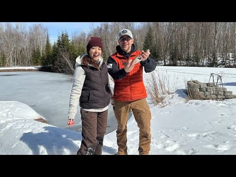 HUSBAND vs WIFE Spring ICE FISHING CHALLENGE on Our BACKYARD Pond (Catch Clean Cook) thumbnail