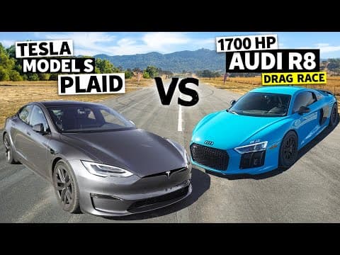 THIS vs PLAID! 1700hp Twin Turbo V10 Audi R8 vs Tesla Model S Plaid unprepped airstrip Drag Race thumbnail