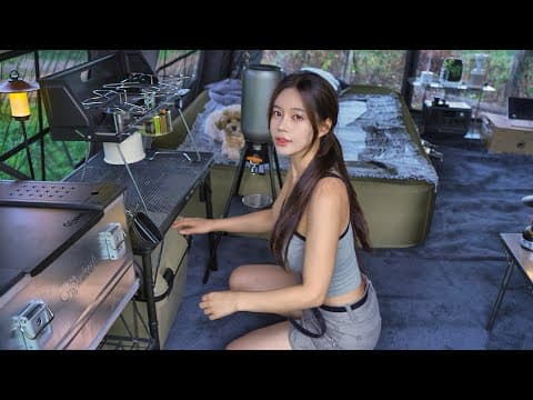 호텔 보다 좋은 새로운 대형 에어텐트에서 하룻밤 | 텐트에 키친바 만들어서 고기국수와 오징어볶음 만들어먹기 thumbnail