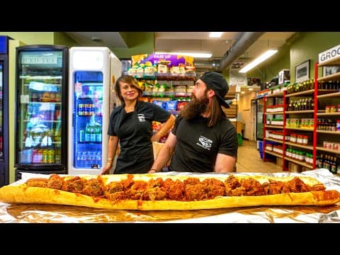 WIN $50 CASH IF YOU CAN FINISH THIS GIANT MEATBALL SUB IN CHICAGO! | BeardMeatsFood thumbnail