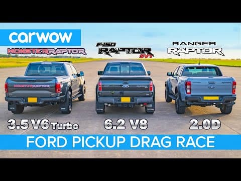 Ford F150 Raptor V6 Turbo vs F150 Raptor V8 SVT vs Ranger Raptor diesel - DRAG RACE & ROLLING RACE thumbnail