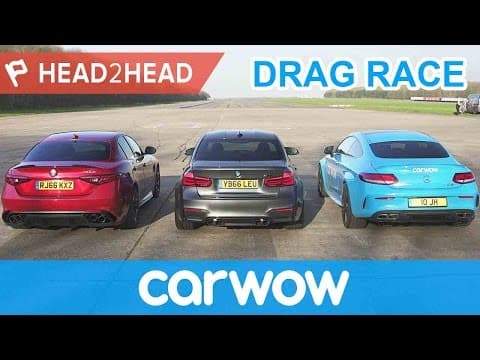 BMW M3 v Mercedes-AMG C63 S v Alfa Romeo Giulia QV - DRAG RACE, BRAKE & DRIFT OFF | Head2Head thumbnail
