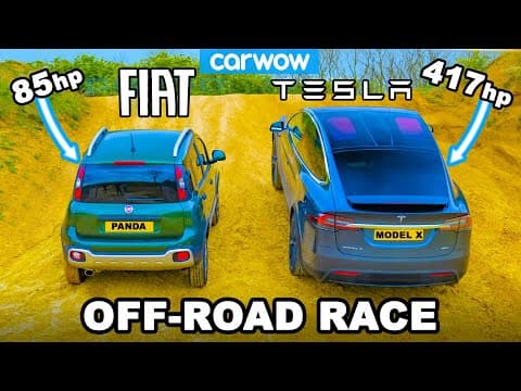 Tesla Model X v Fiat Panda Cross: UP-HILL DRAG RACE & which is best OFF-ROAD! thumbnail