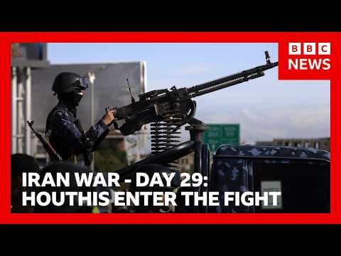 Houthis launch first attack on Israel as war enters second month | BBC News thumbnail